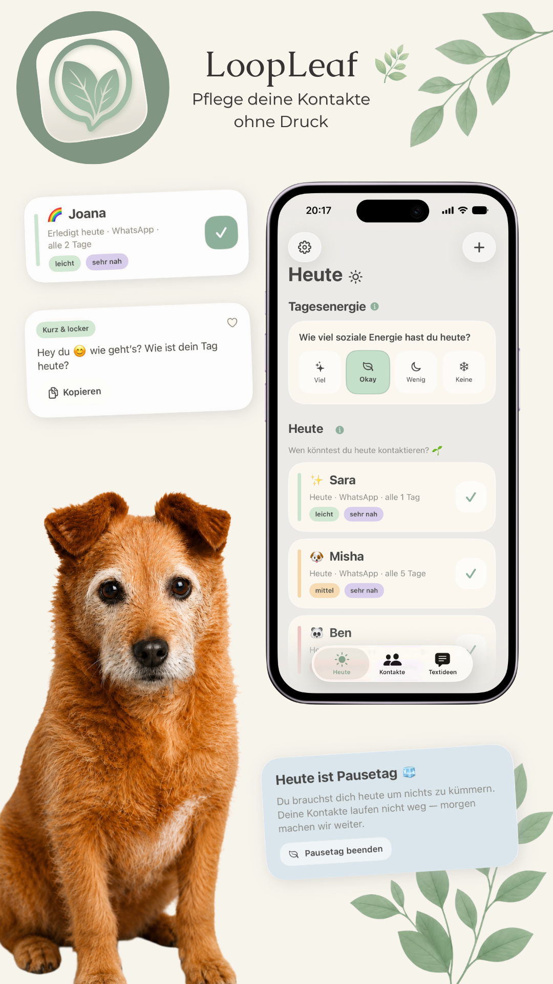 LoopLeaf App Vorschau mit Kontaktliste und sanften Erinnerungen