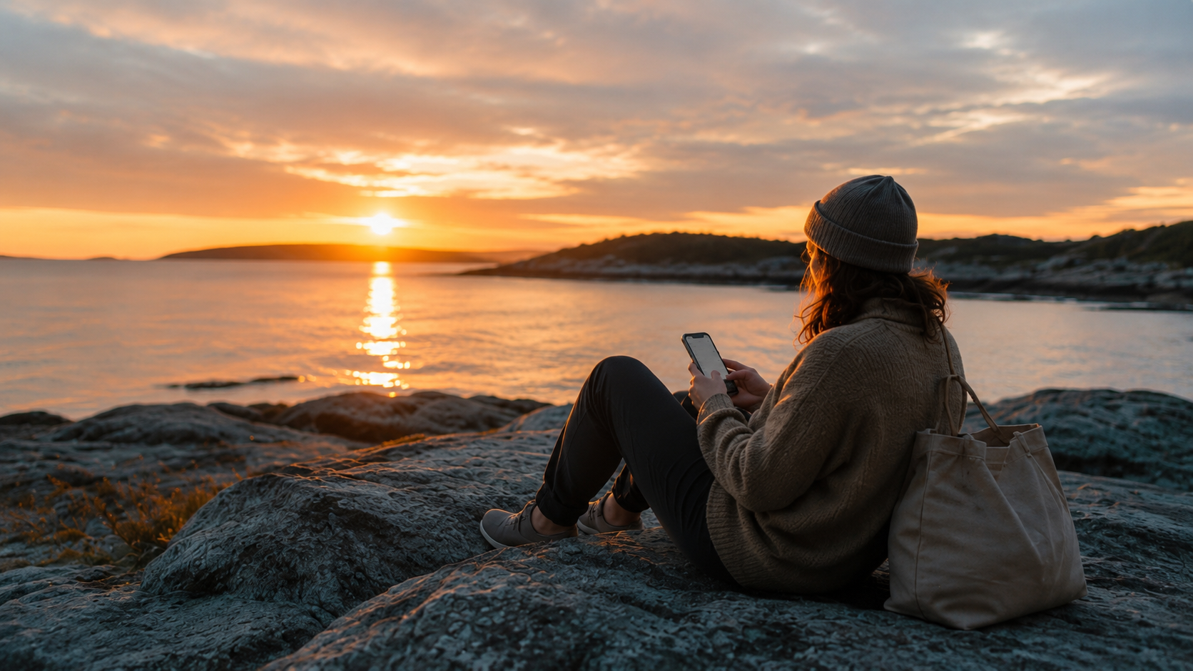 Ruhige Szene am Meer mit Blick aufs Handy