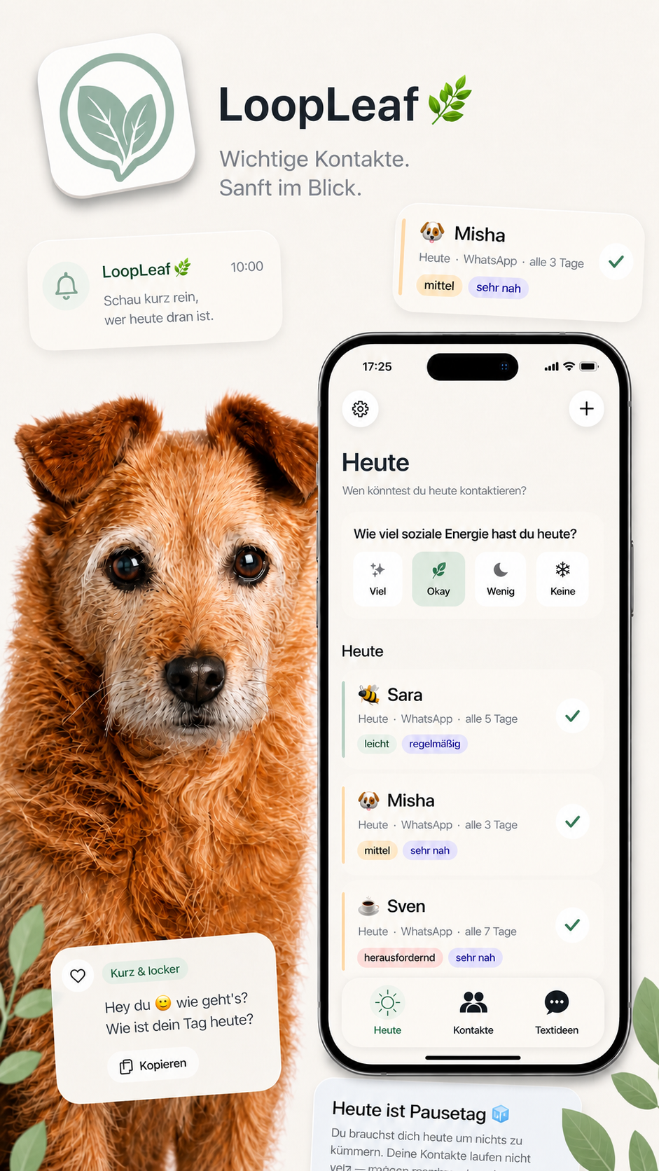 LoopLeaf App Vorschau mit Kontaktliste und sanften Erinnerungen
