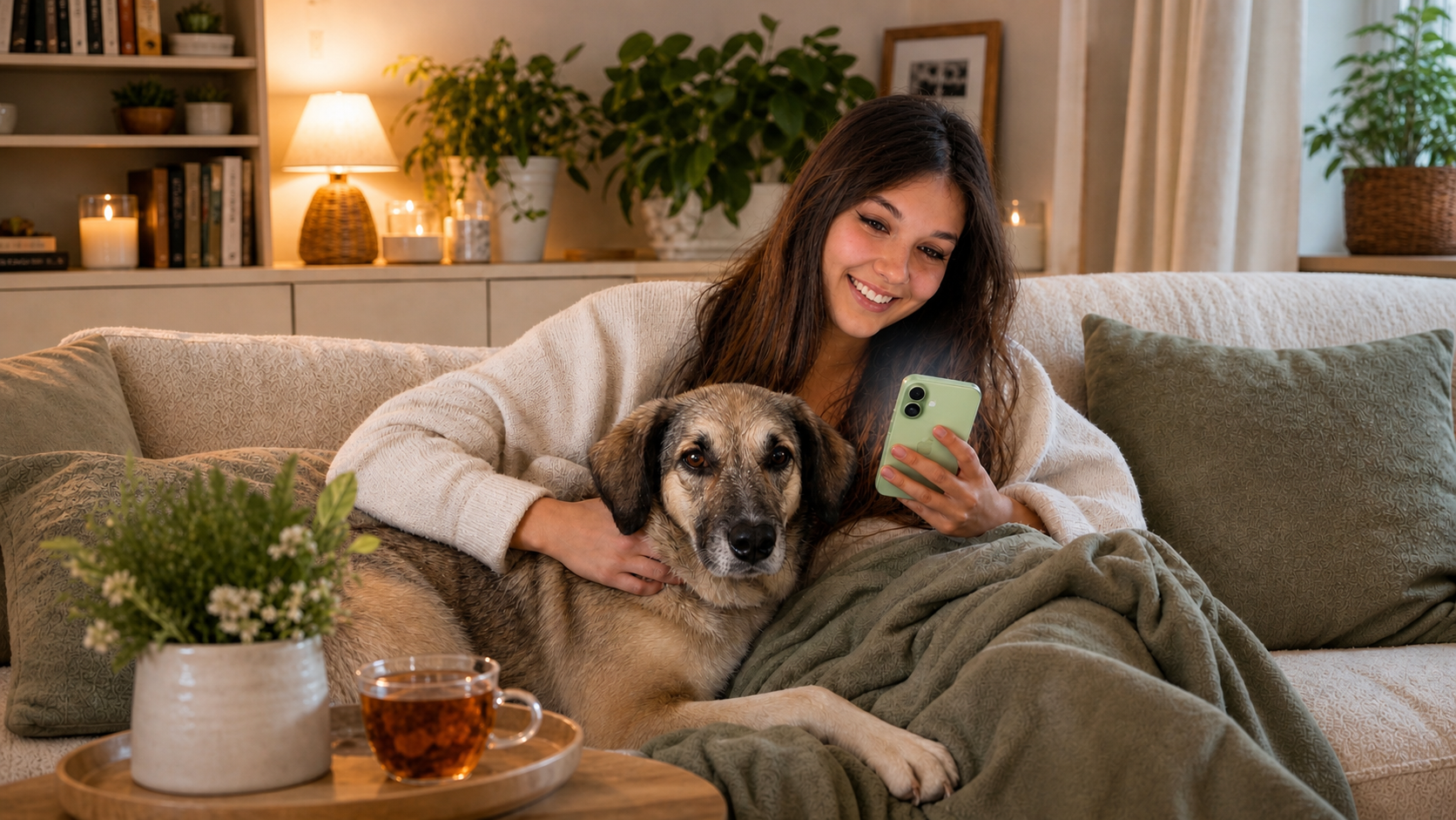 Frau entspannt mit Hund auf dem Sofa und schaut auf ihr Smartphone