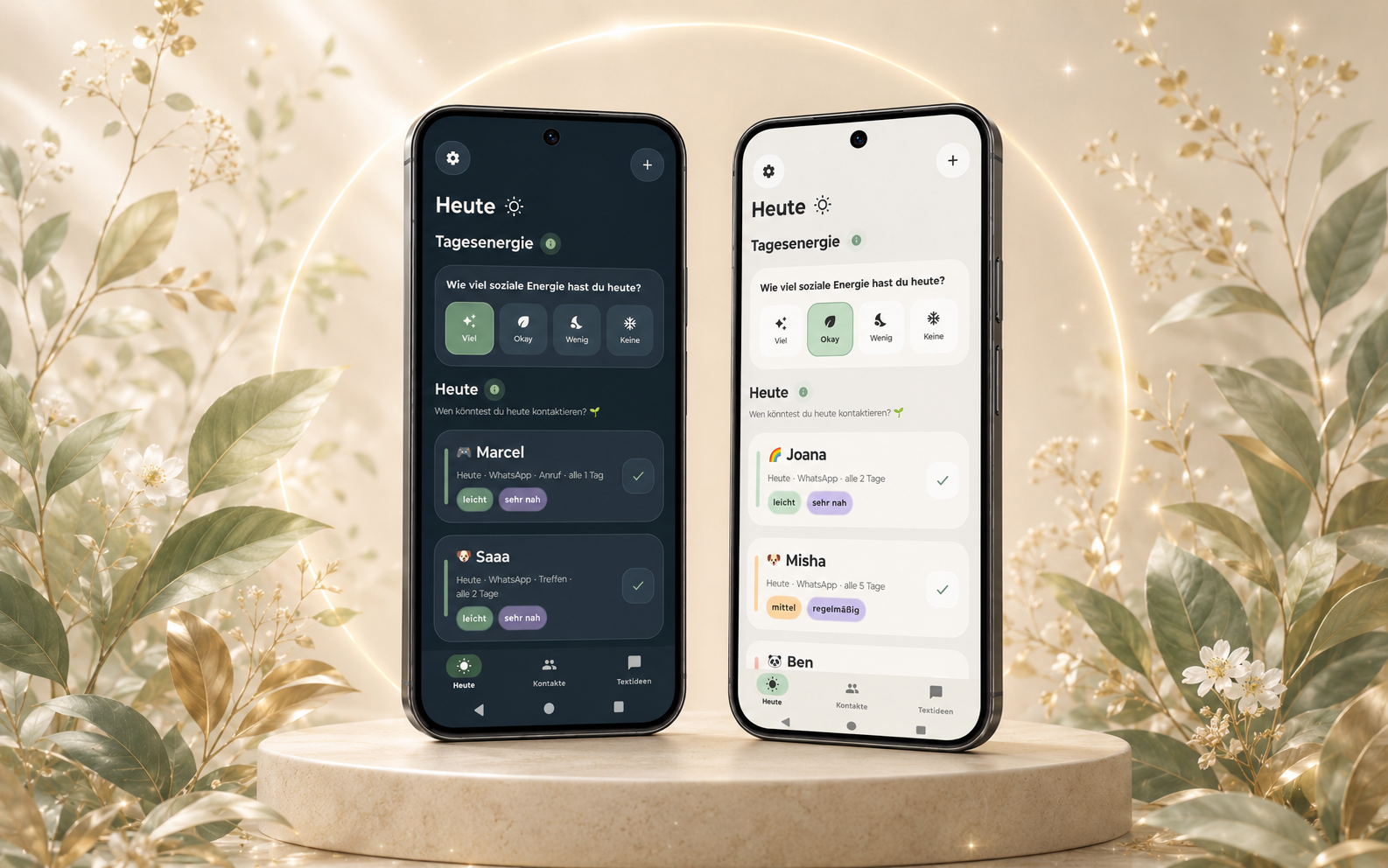 LoopLeaf auf zwei Android-Smartphones, hell und im Dark Mode