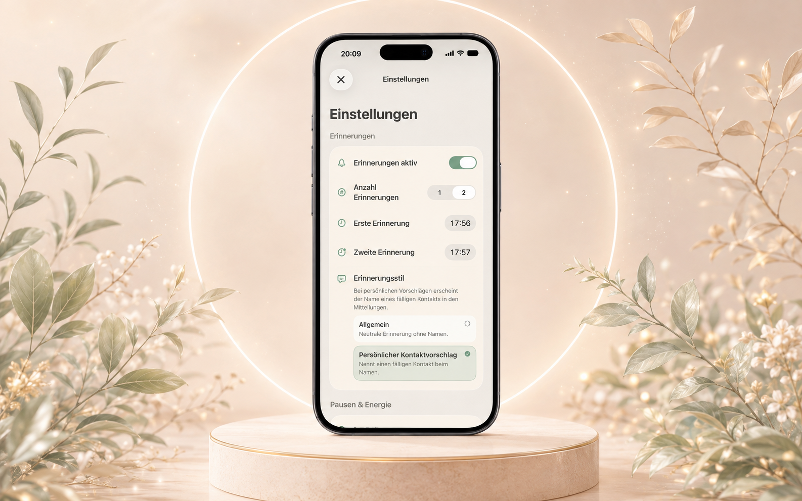 LoopLeaf-Einstellungen auf einem iPhone mit den Erinnerungsstilen Allgemein und Persönlicher Kontaktvorschlag