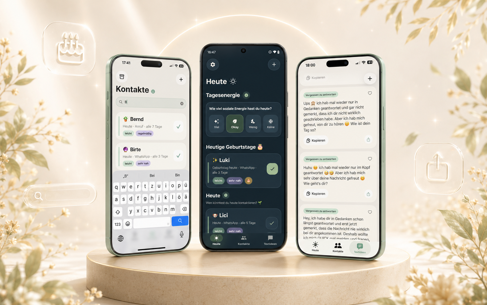 LoopLeaf-Funktionen für Suche, Geburtstage, Teilen von Textideen und Archiv